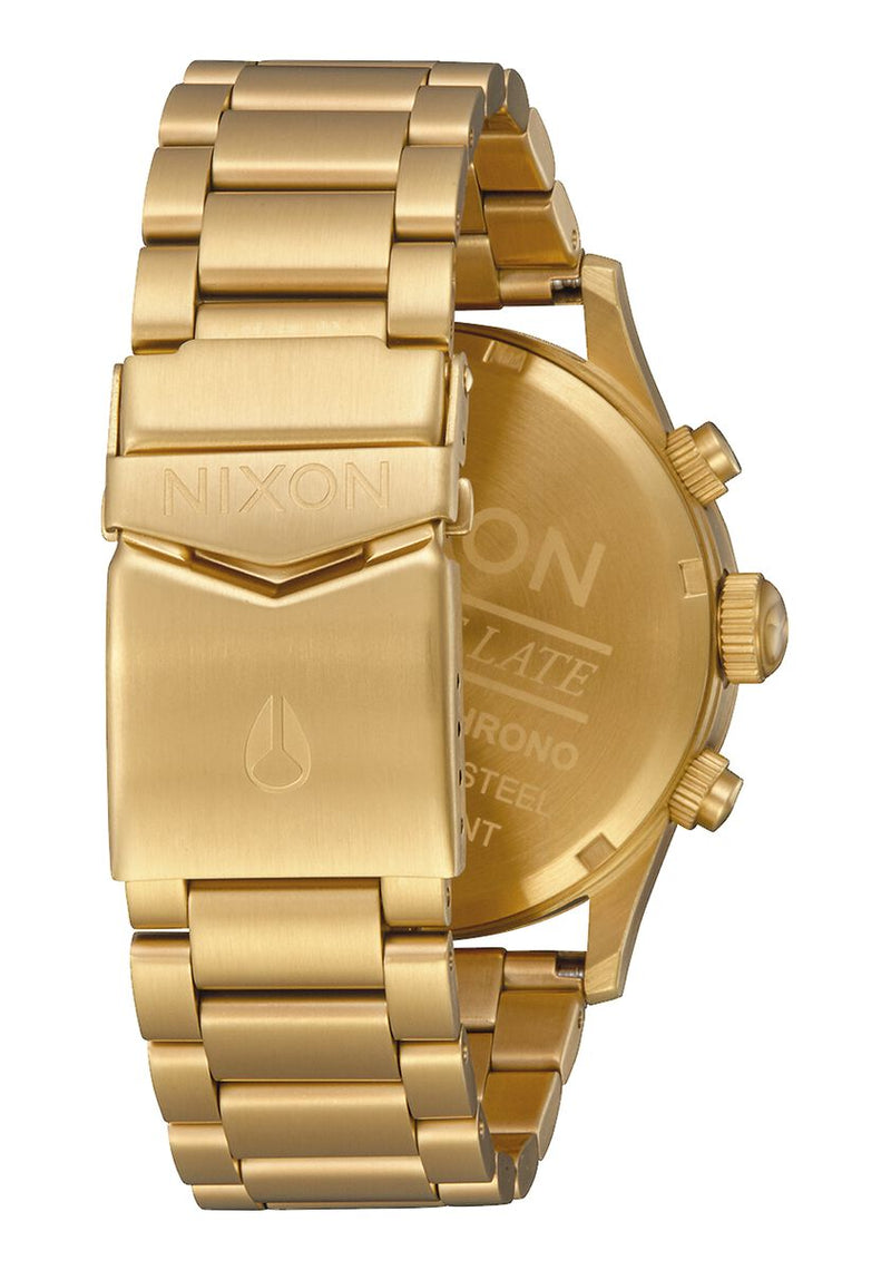 Gold-toned wristwatch with a metal bracelet and chronograph features.