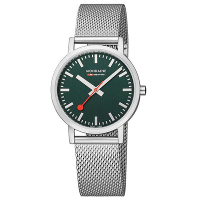 Wristwatch with a green dial and silver mesh band.