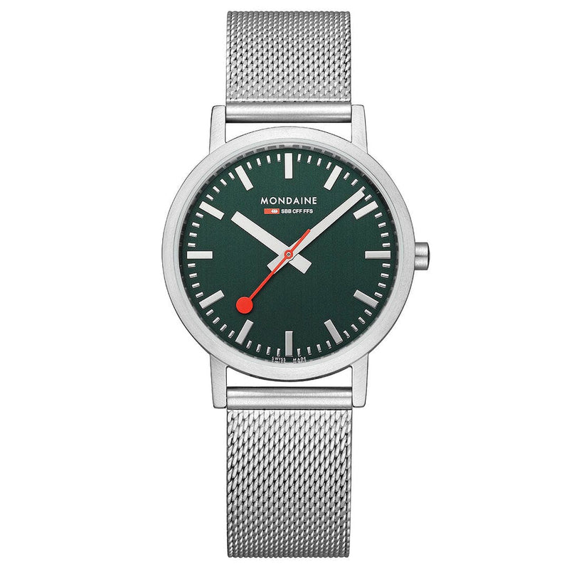 Sleek wristwatch with a green dial and silver mesh band.