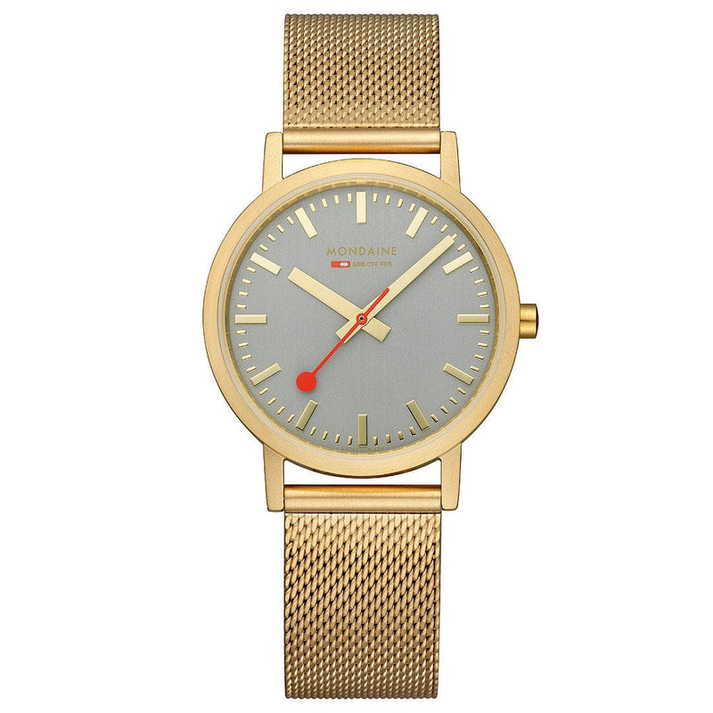 Gold-toned wristwatch with a mesh band and gray dial face.