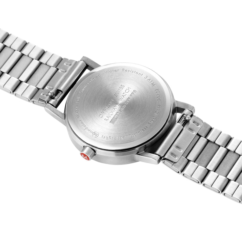 Stainless steel watch bracelet with a view of the caseback.