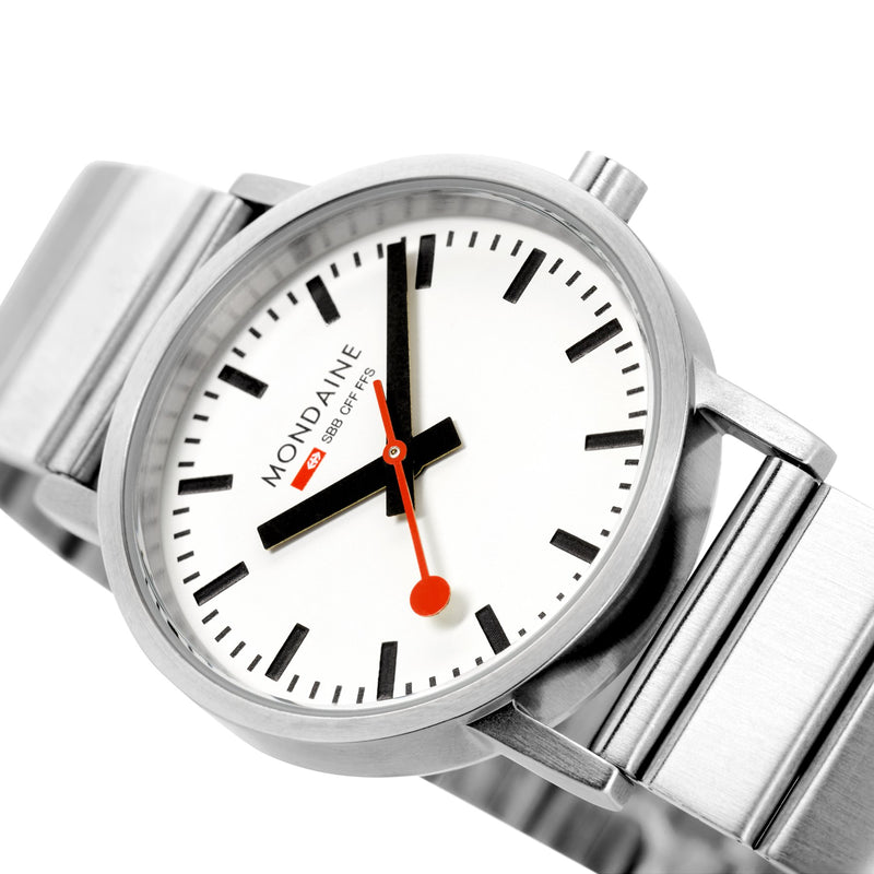 Stainless steel wristwatch with a white face and red second hand.