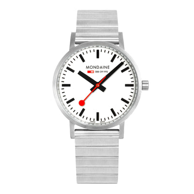 Mondaine wristwatch with a white face and silver metal band.