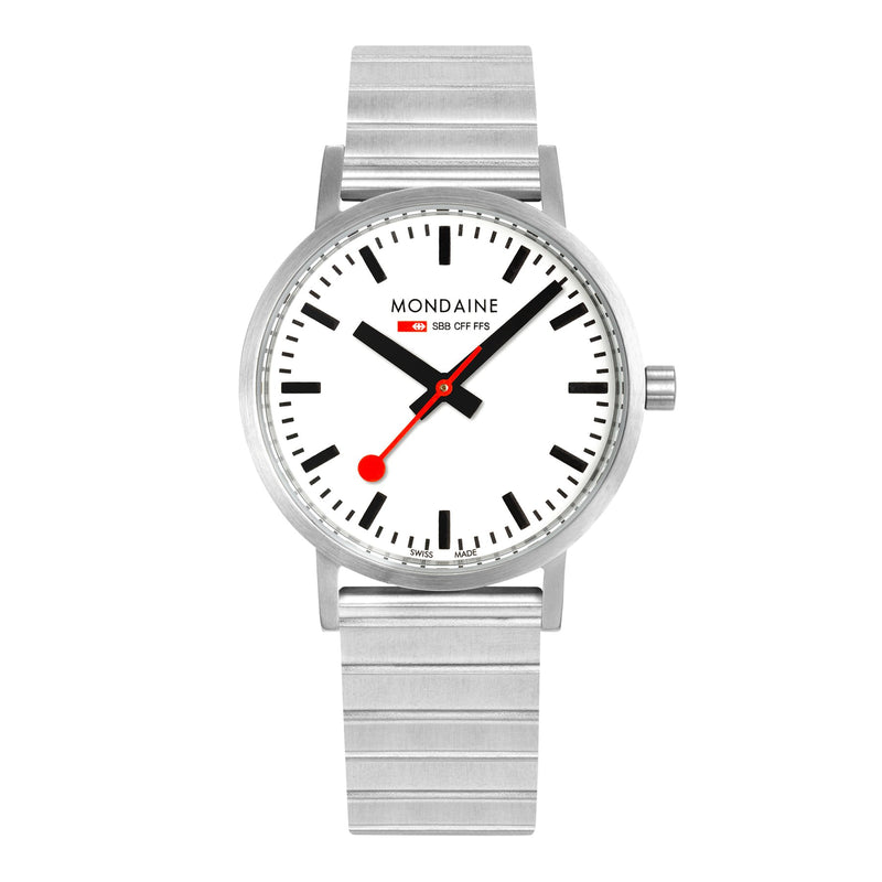 Mondaine wristwatch with a white face and silver metal band.