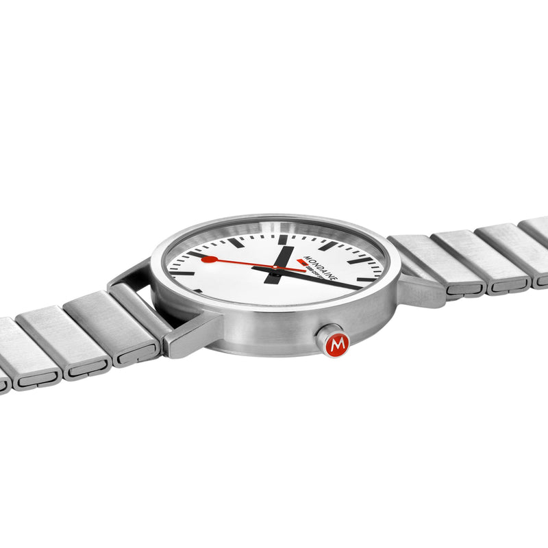 Sleek silver wristwatch with a white face and red accents.