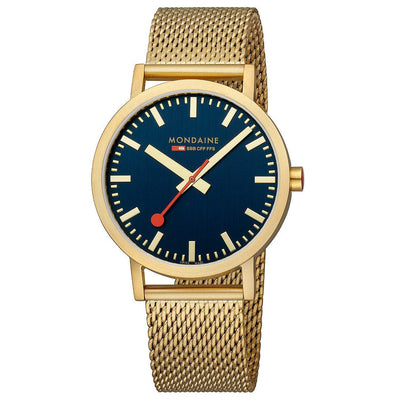 Gold-toned wristwatch with a blue dial and mesh metal band.