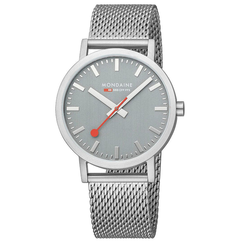 Sleek silver wristwatch with a gray dial and red second hand on a mesh metal band.