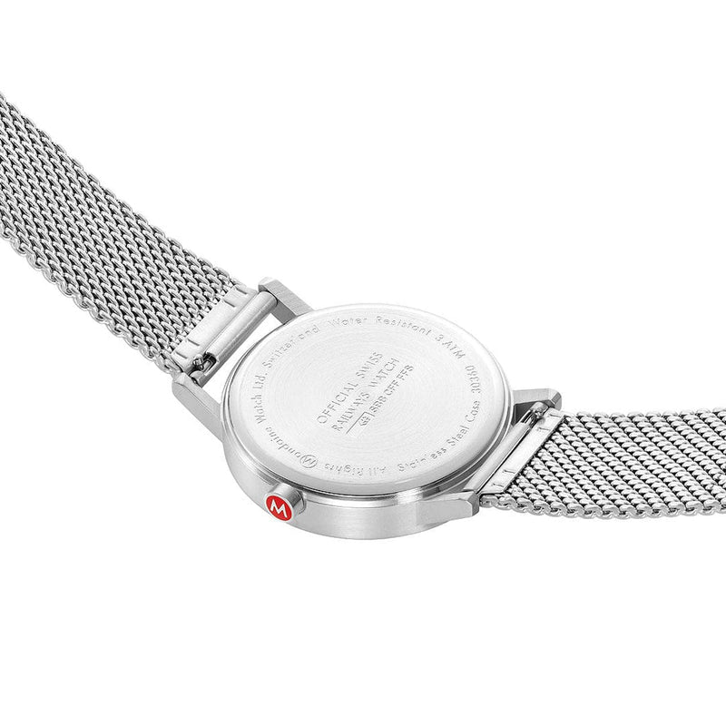 Silver wristwatch with a mesh metal band and circular face.