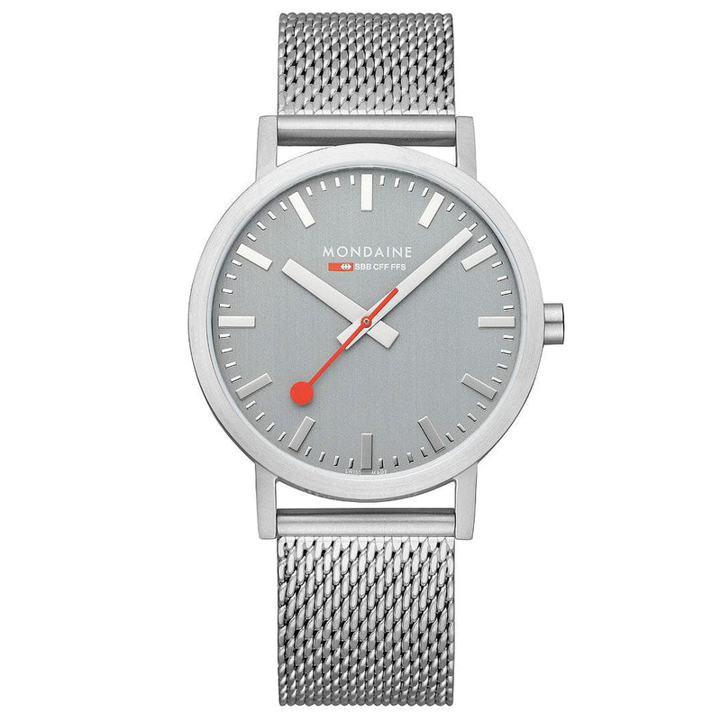 Sleek silver wristwatch with a gray dial and red second hand.