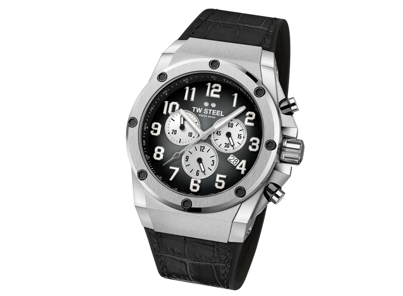 Luxury chronograph wristwatch with a black dial and silver case.