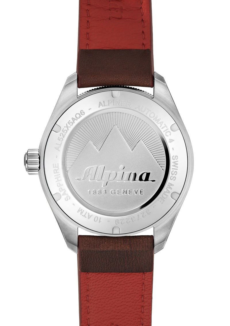 Wristwatch with a brown and red leather strap and ’Alpina’ engraved on its silver-colored back.