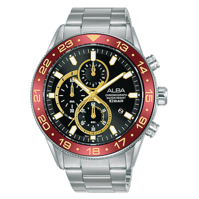 Stainless steel chronograph wristwatch with a red and gold bezel.