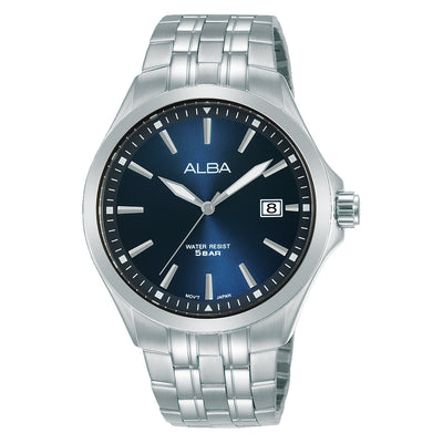 Silver wristwatch with a blue dial and metal bracelet.