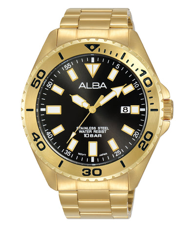 Gold-toned wristwatch with a black dial and rotating bezel.