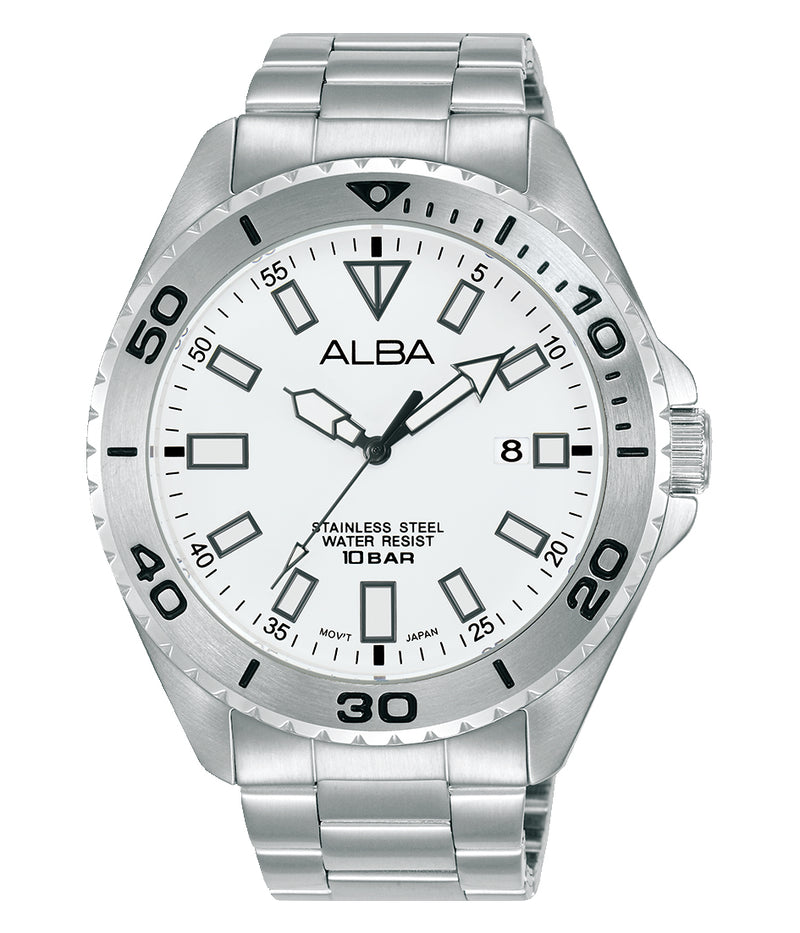 Silver-toned wristwatch with a white dial and rotating bezel.