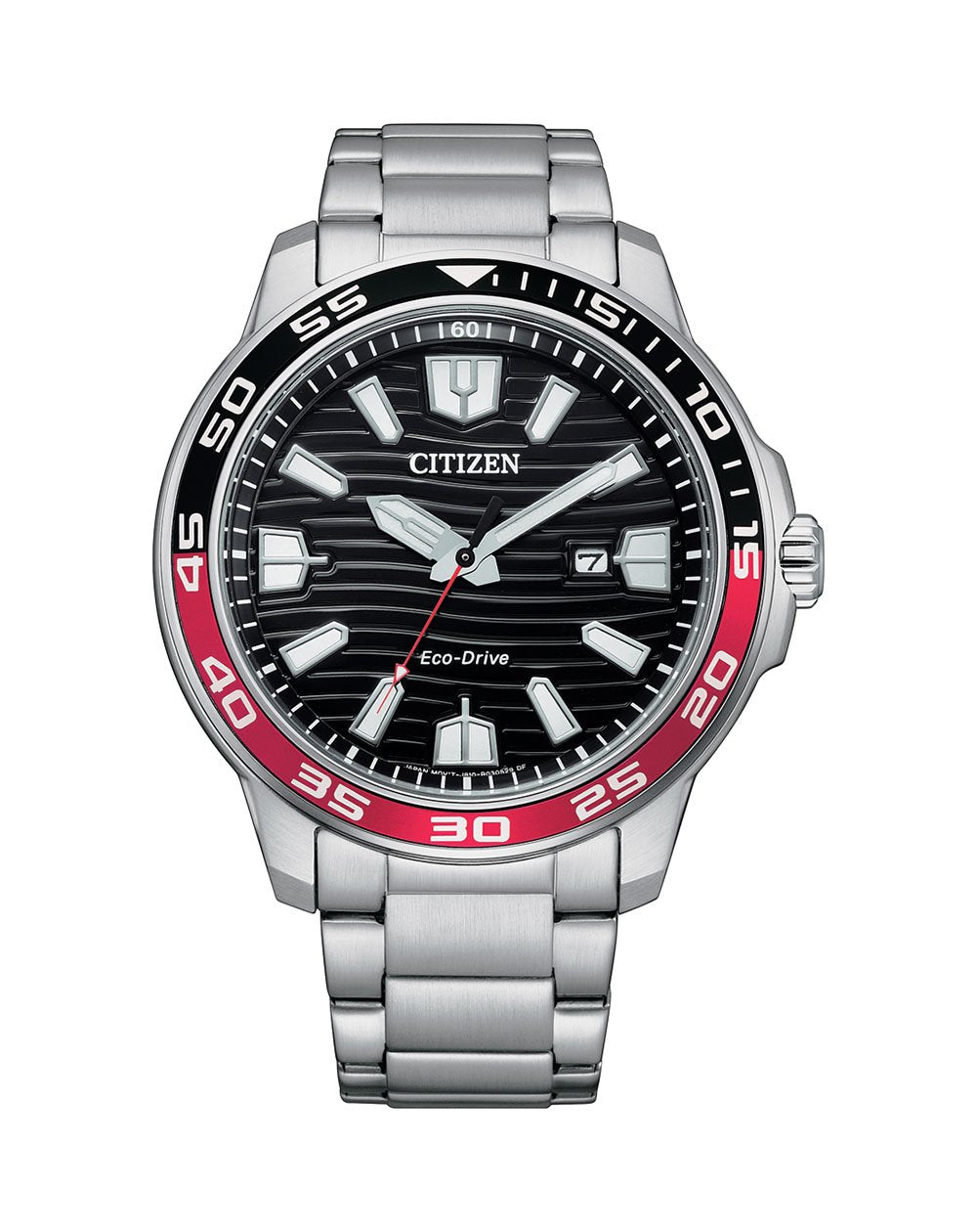 Stainless steel Citizen wristwatch with a black dial and red-black bezel.