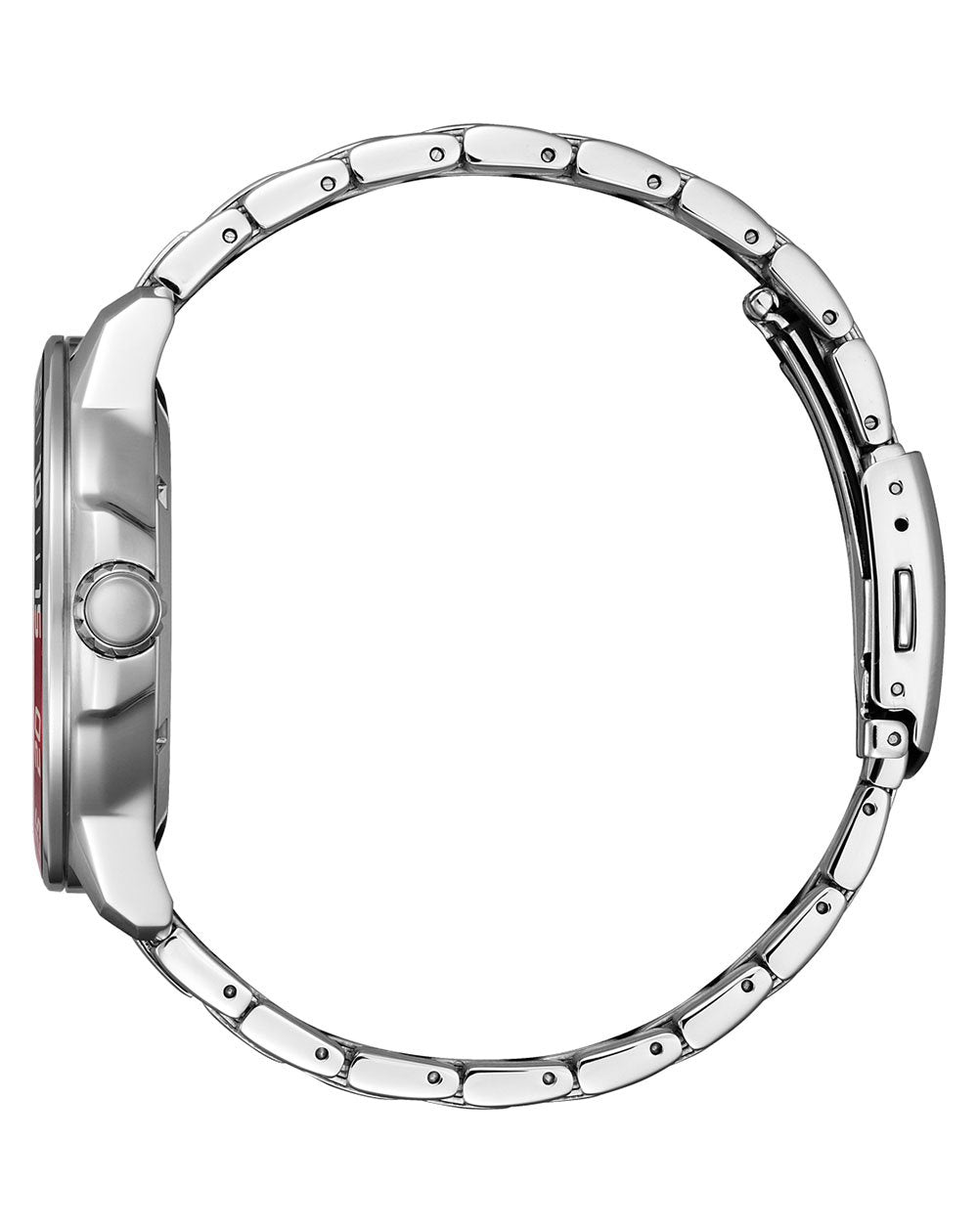 Silver wristwatch with a metal link band and circular face.