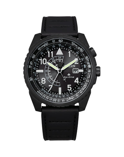 Black wristwatch with a round face, white numerals, and a rubber strap.