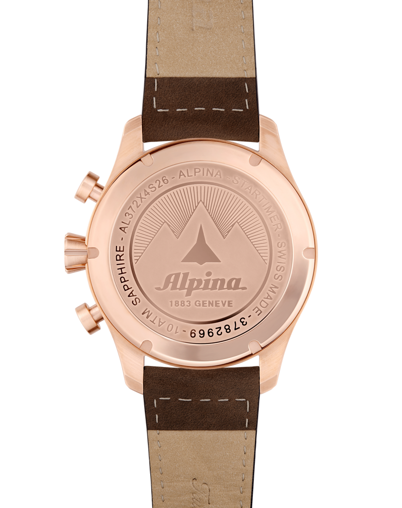Rose gold-colored wristwatch with a brown leather strap and Alpina branding on the case back.