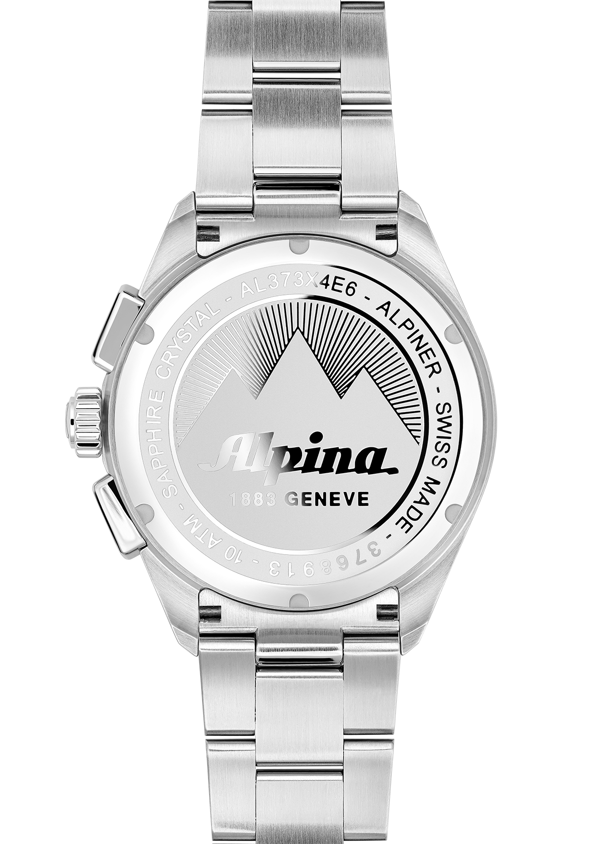 Back of a silver Alpina wristwatch with a metal bracelet.