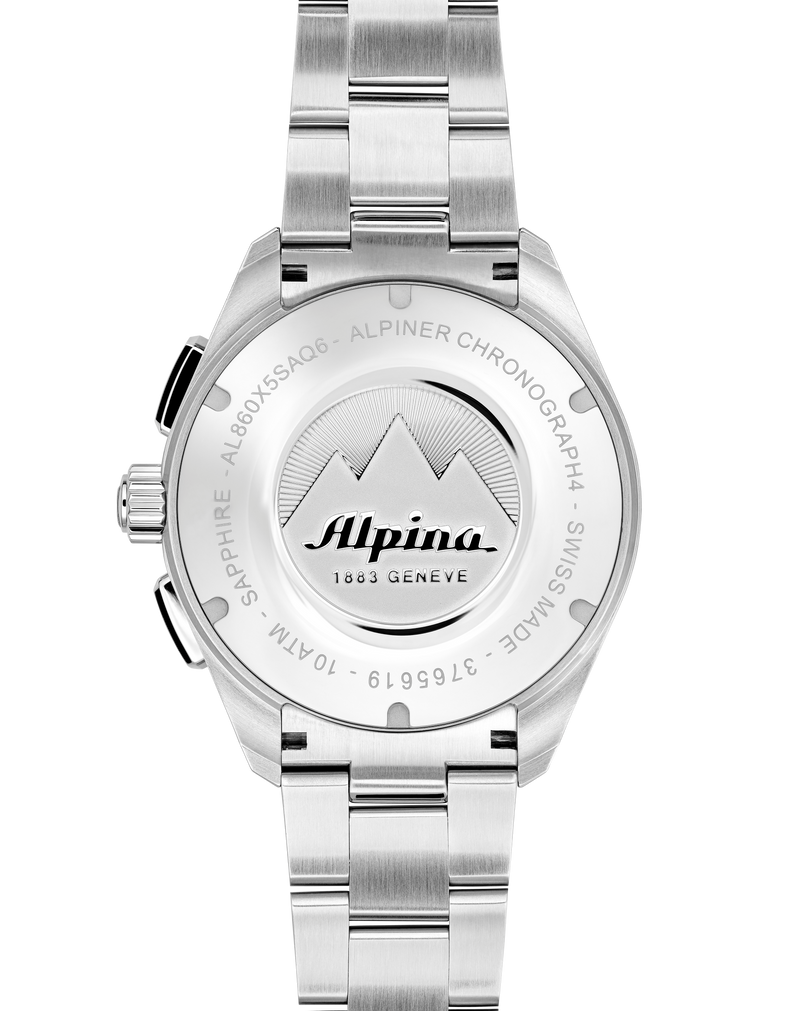 Stainless steel wristwatch with ’Alpina’ branding on its caseback.