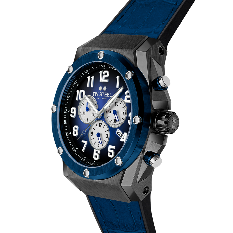 Sporty blue and black chronograph wristwatch with a rubber strap.