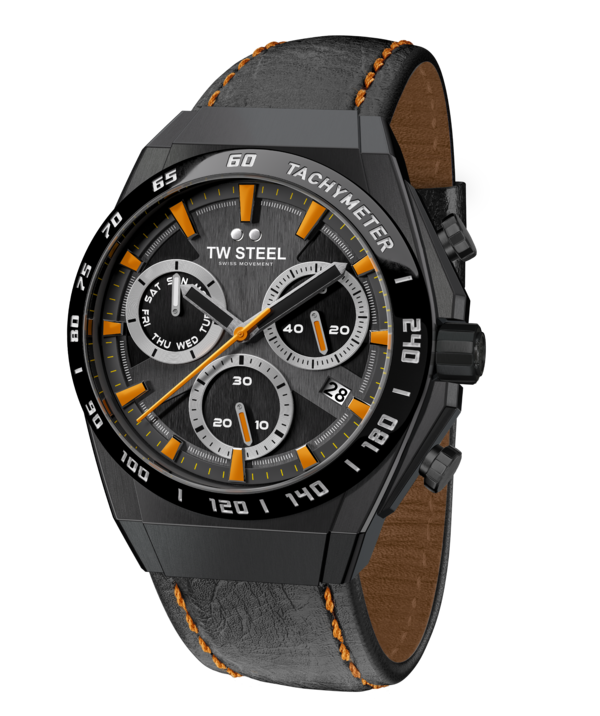 Stylish black and orange chronograph wristwatch with a leather strap.