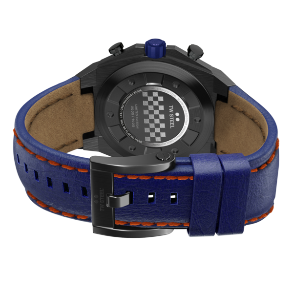 Wristwatch with a black case and blue leather strap with red stitching.