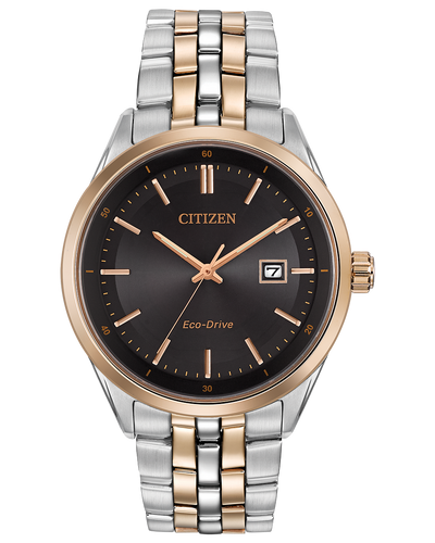 Citizen wristwatch with a two-tone metal band and black dial face.