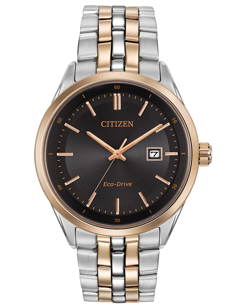 Citizen wristwatch with a two-tone metal band and black dial face.