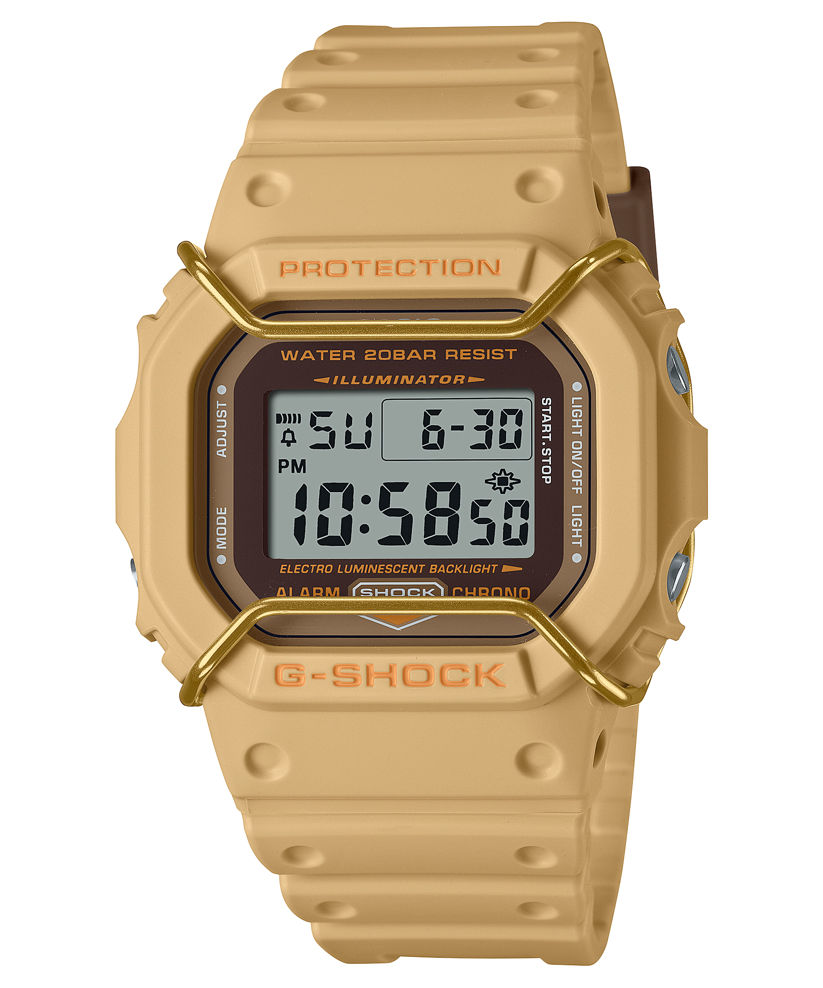 Tan digital wristwatch with a square face and protective casing.