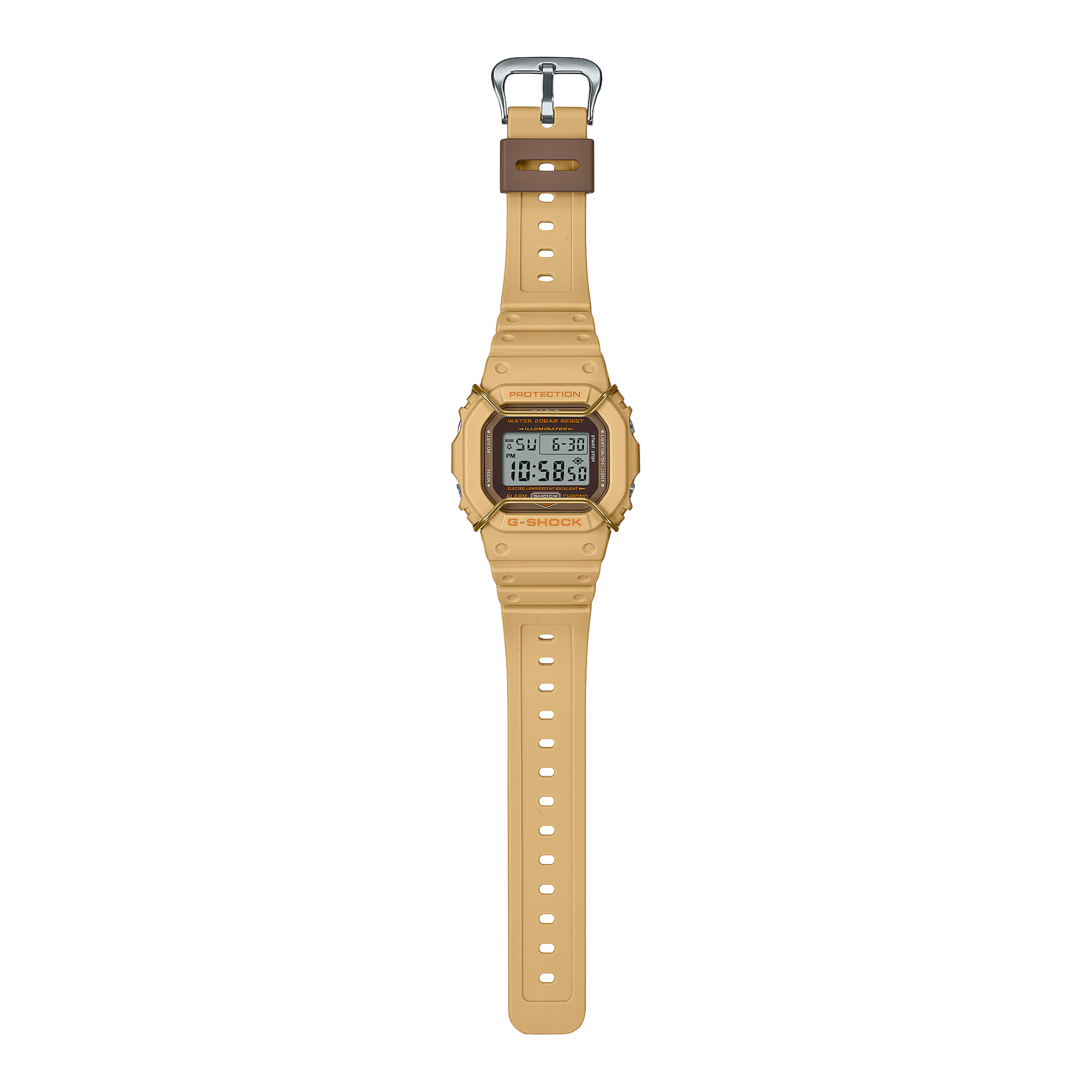 Digital wristwatch with a beige resin band and square display.