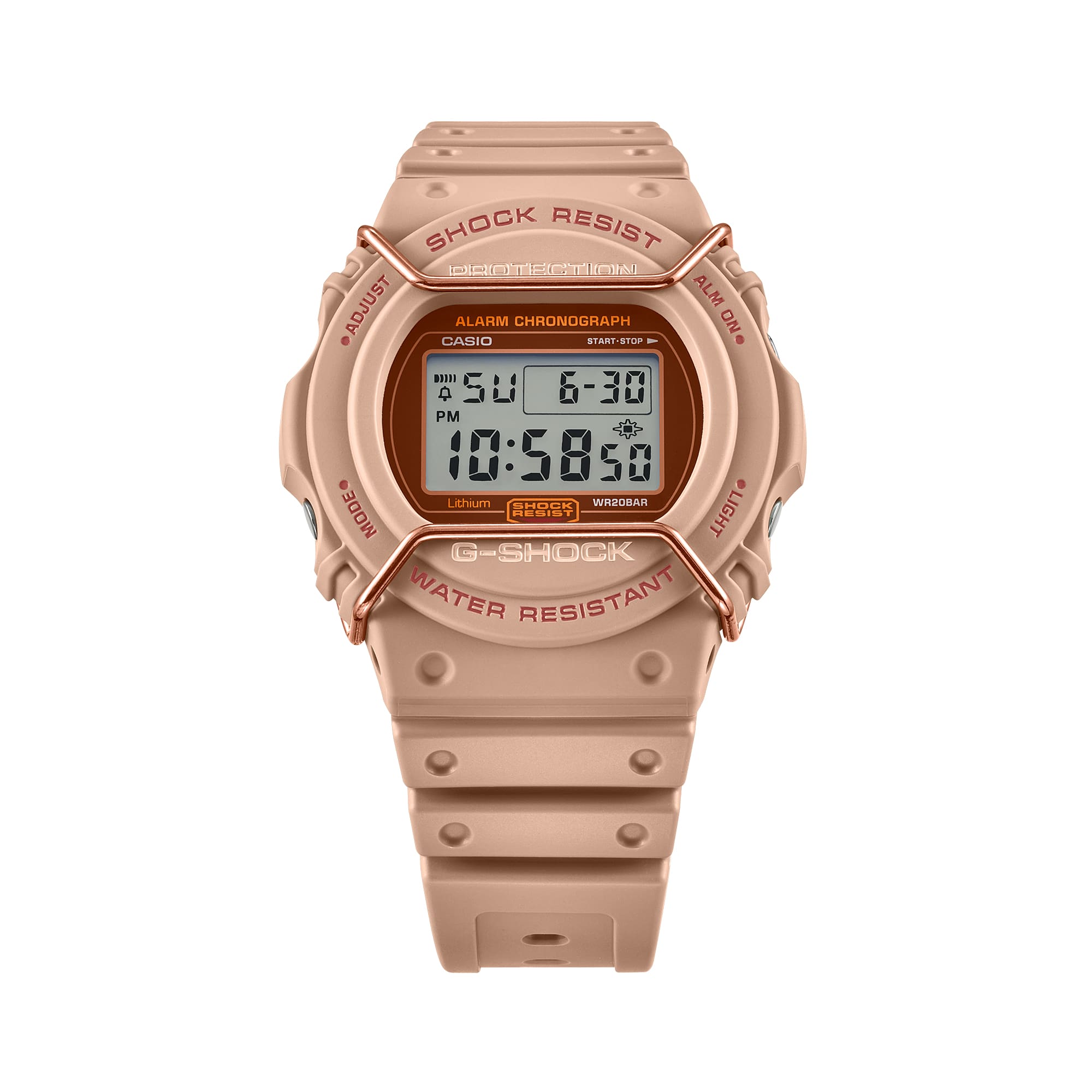 Rose gold digital sports watch with a round face and rugged design.