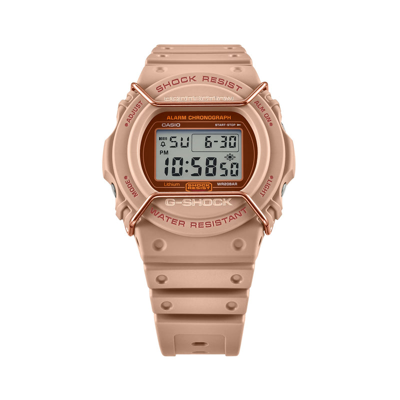 Rose gold digital sports watch with a round face and rugged design.