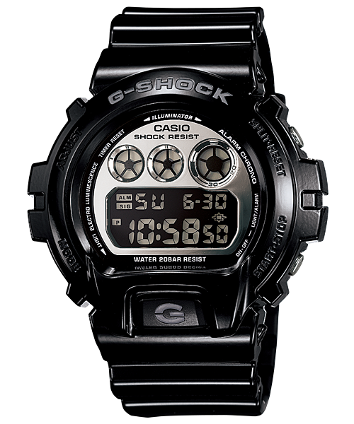 Black G-Shock digital watch with a metallic face displaying time and date.