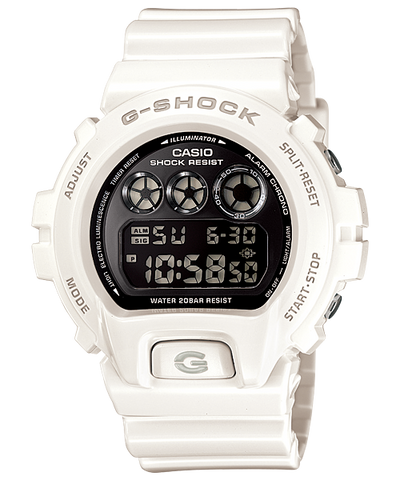 White G-Shock digital watch with a black display face.