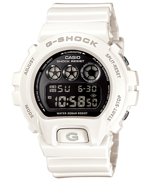 White G-Shock digital watch with a black display face.