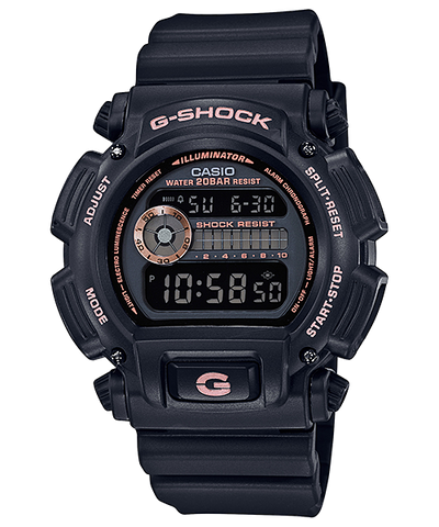 Black G-Shock digital wristwatch with a rugged design and illuminated display.