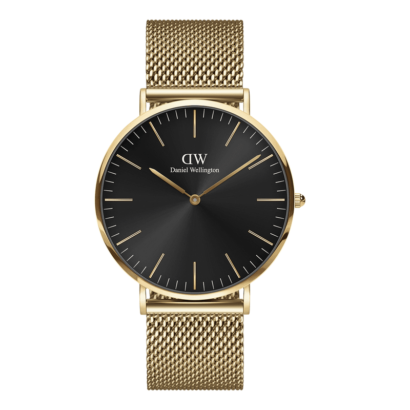 Gold-toned wristwatch with a black dial and mesh metal band.