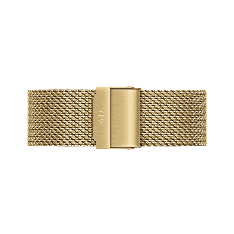 Gold-toned metal mesh watch band with a clasp.