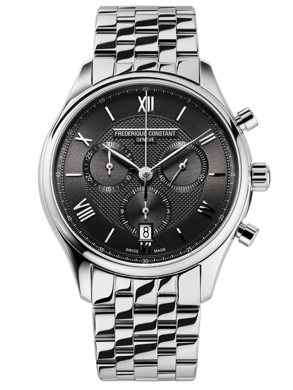 Elegant silver chronograph wristwatch with a dark gray dial and Roman numeral markers.