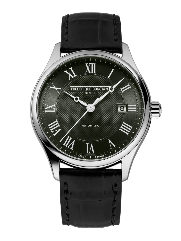 Elegant wristwatch with a dark green dial and black leather strap.
