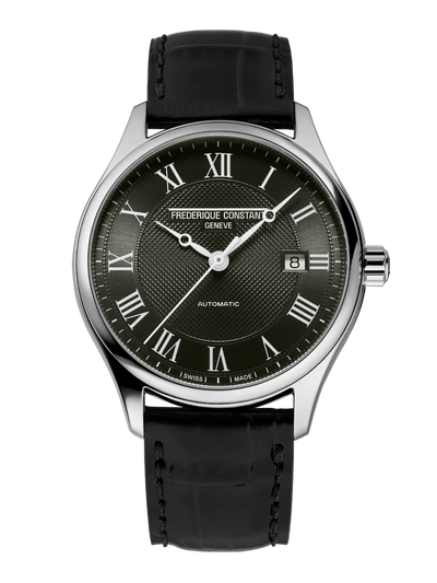 Elegant wristwatch with a dark green dial and black leather strap.