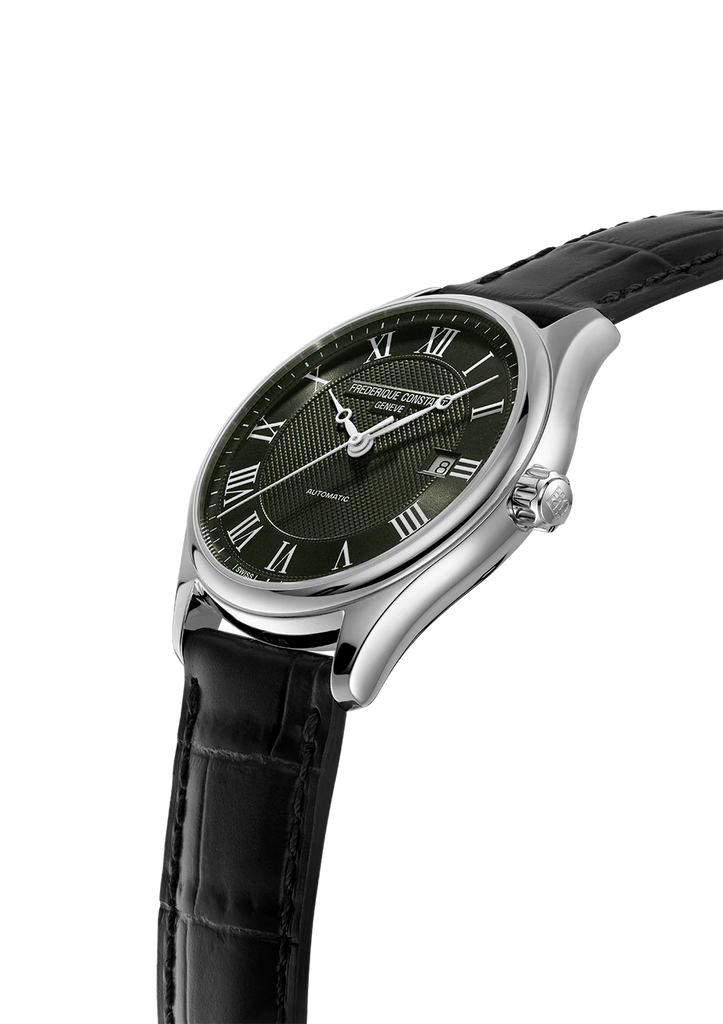 Elegant wristwatch with a dark green dial and black leather strap.