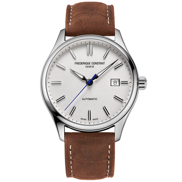 Elegant wristwatch with a white dial, silver case, and brown leather strap.