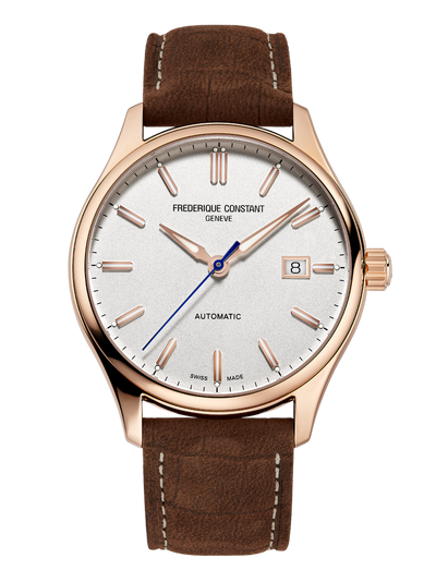 Elegant wristwatch with a rose gold case, white dial, and brown leather strap.