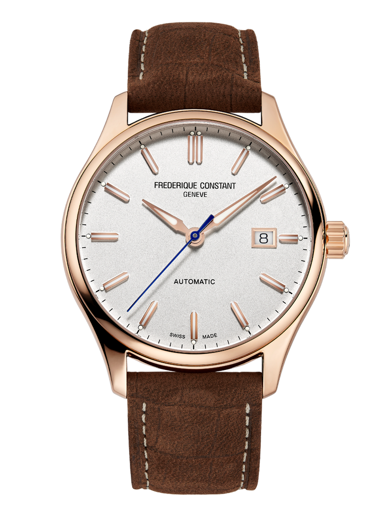 Elegant wristwatch with a rose gold case, white dial, and brown leather strap.