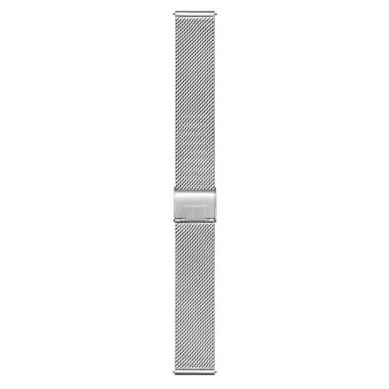 Silver mesh watch band with a clasp.