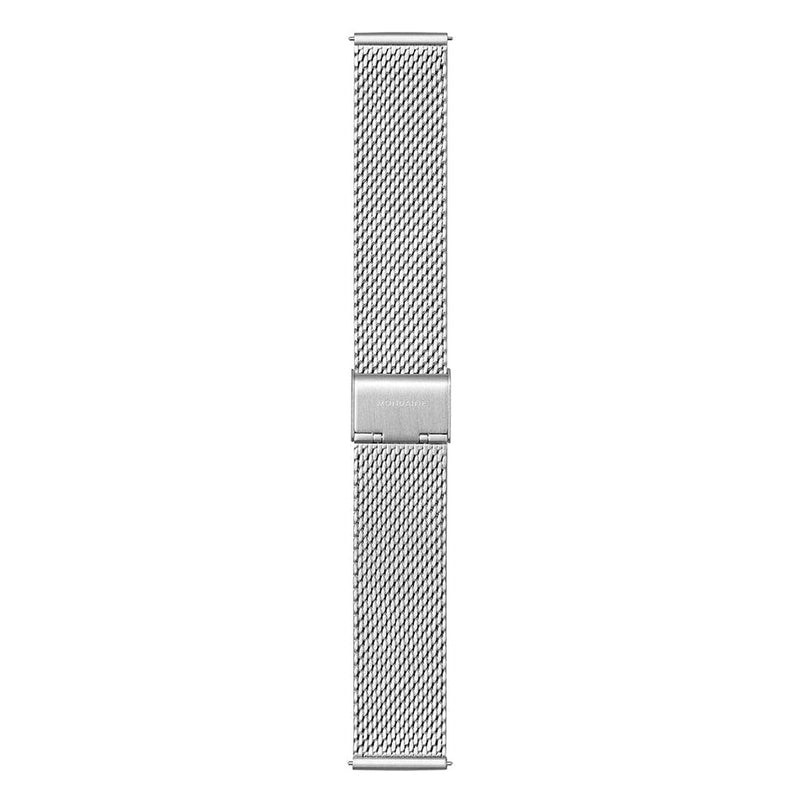 Silver mesh watch band with a clasp.