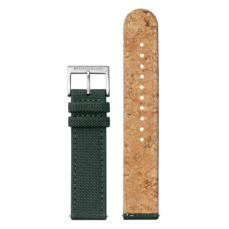 Watch strap with a green fabric exterior and cork-like interior lining.